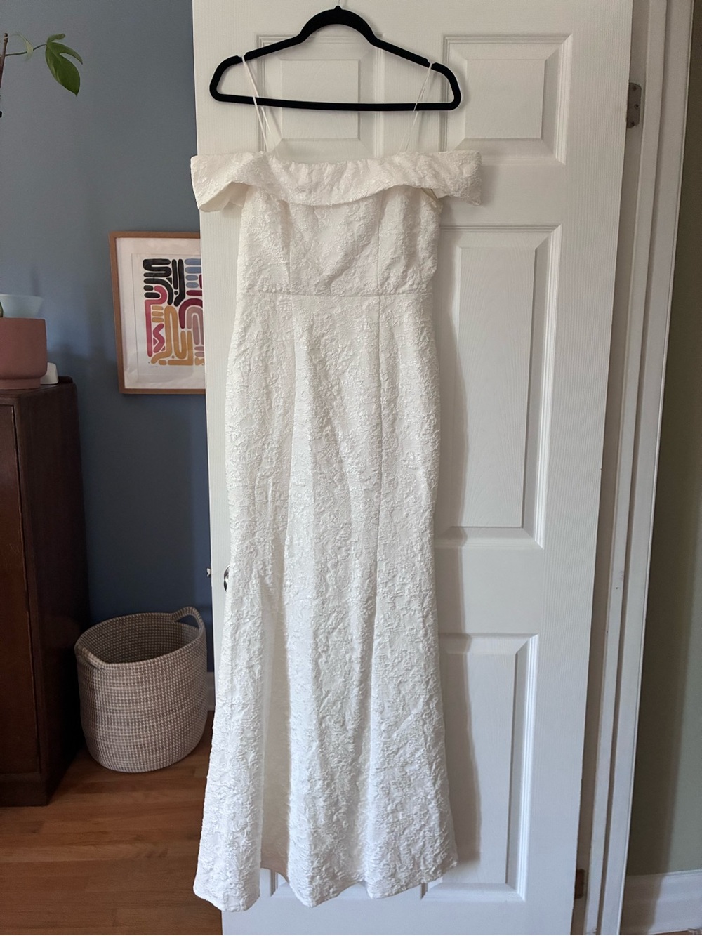 Off-Shoulder White Lace Bridal Gown with Ruffle Trim